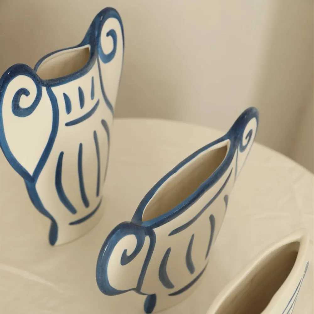 Nordic Ins Hand-painted Striped Shape Ceramic Vase Ornaments Living Room Bedroom Flower Arrangement Art Vases Wedding Decoration C251124
