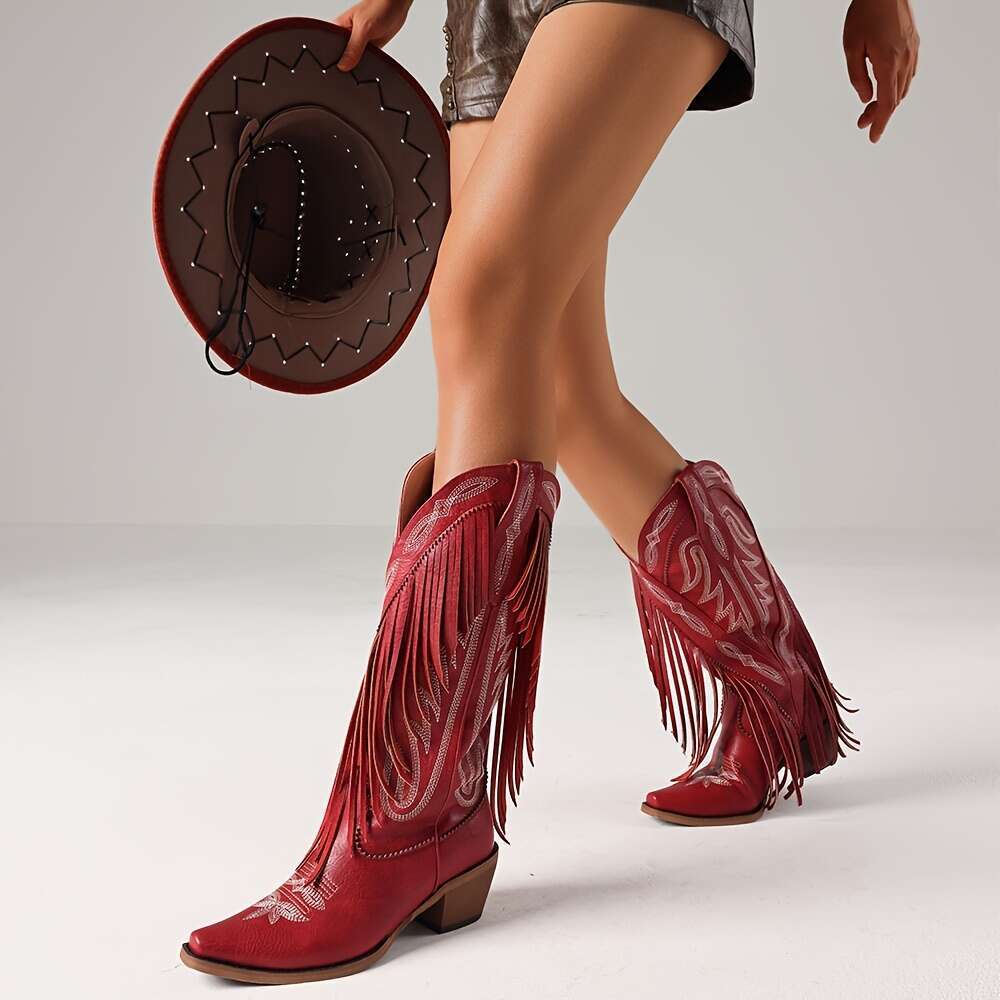 Womens Fashionable Tassel Western Embroidered Chunky Heel Knee High Shoes Comfortable Wild Calf Slip On Riding Boots