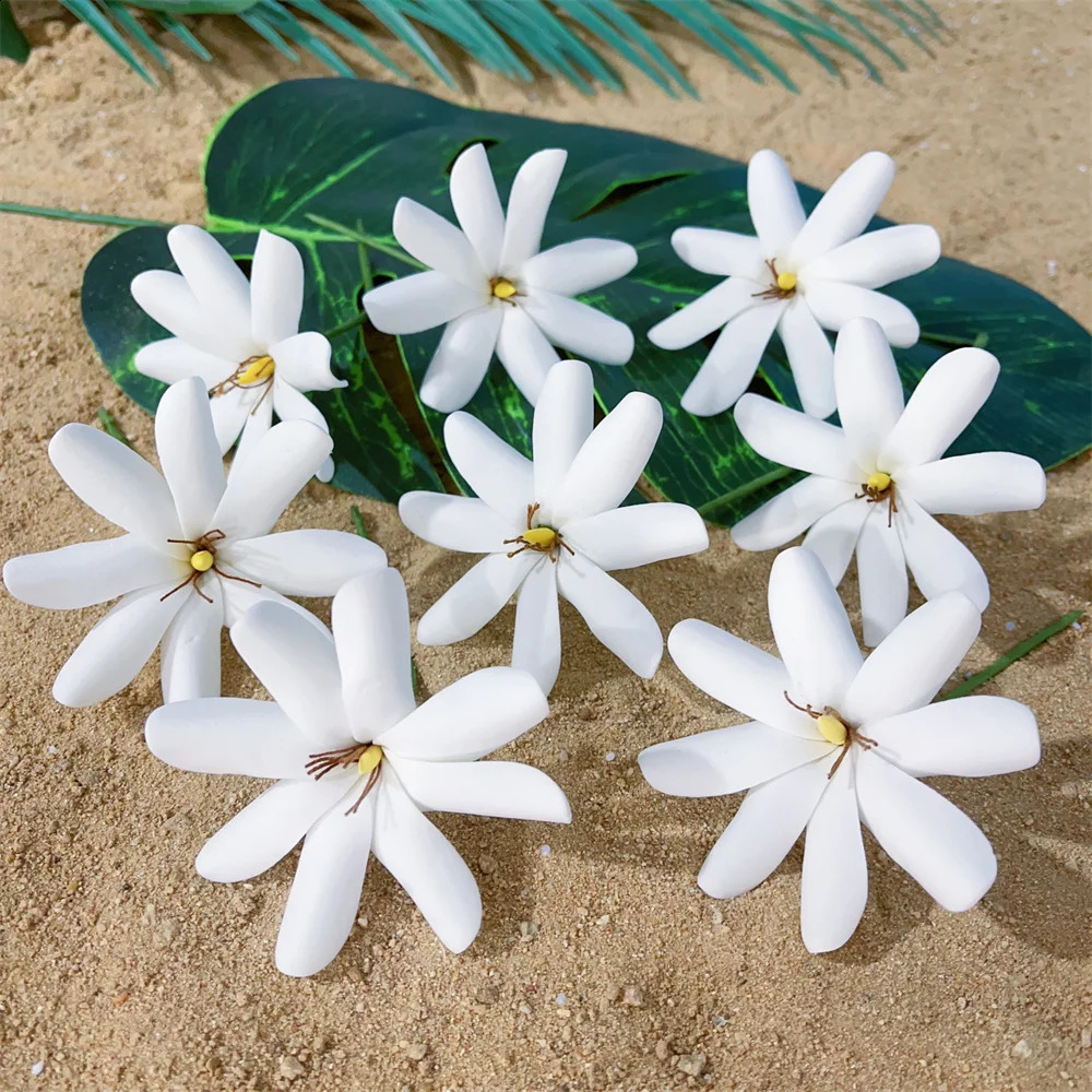 8CM Foam Tiare Flower Hair Pick Ear Flower Tahitian Gardenia Tropical Hawaii Hula Flowers Wedding Hair Accessories 10pcs/set 250420