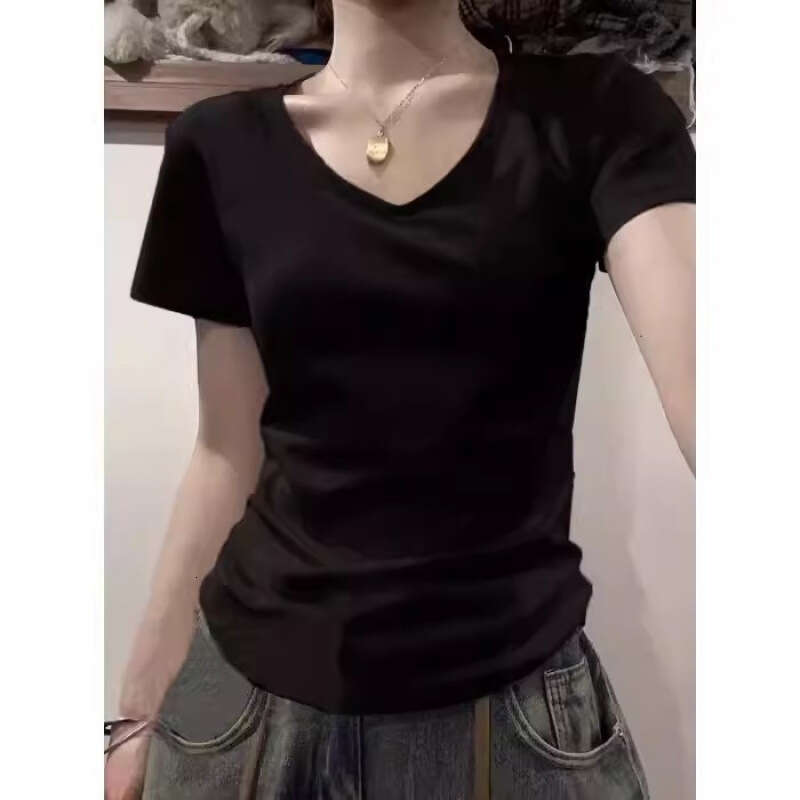 Pure cotton American V-neck shoulder short sleeved T-shirt for women in the summer of 2025, basic with inner lining and college style top