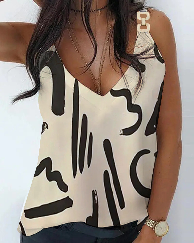2023 Summer Sleeveless V-neck Metal Button Printed Top Shirt Womens Wear