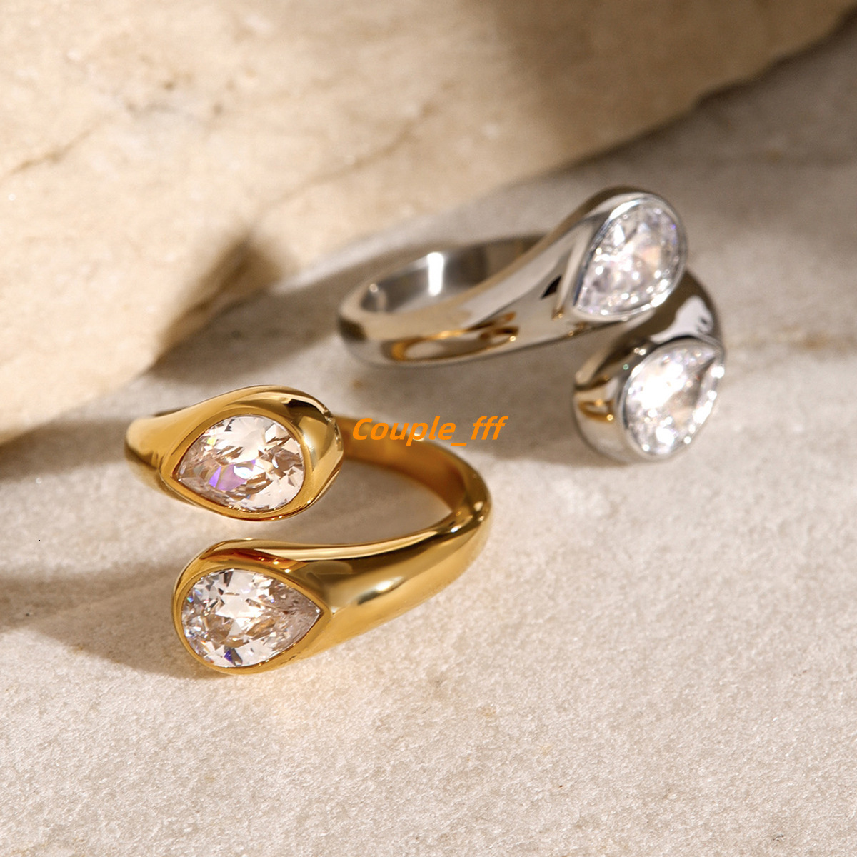 Waterproof Jewelry Natural Stone 18K Gold Plated Titanium Stainless Steel Moissanite Ring Women