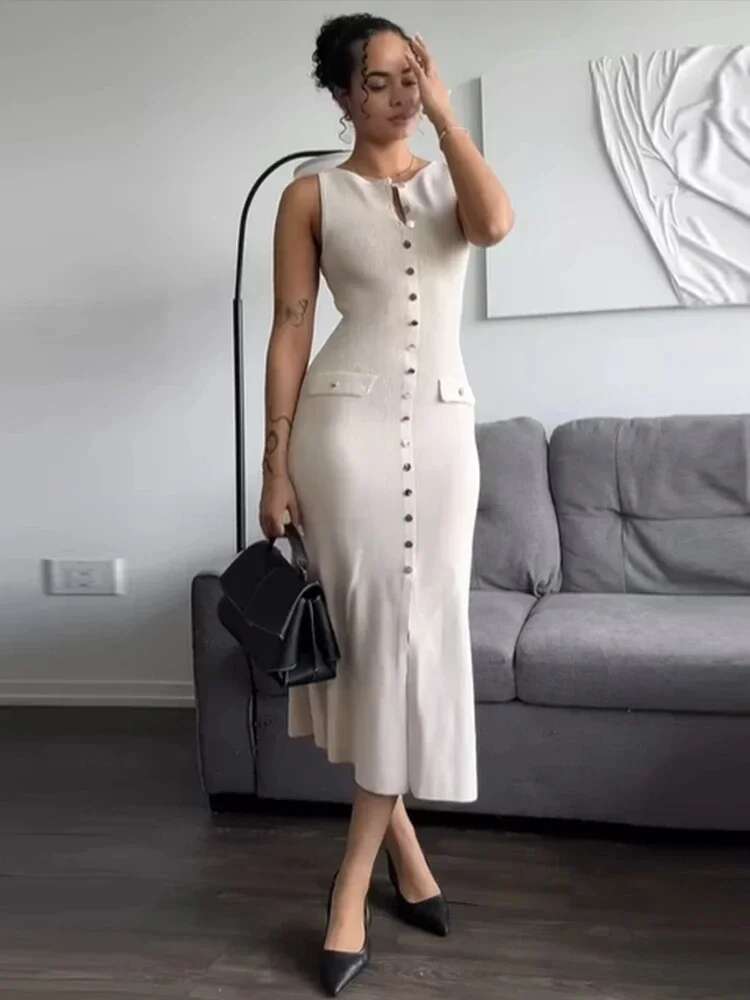 TRAFZA Women Knitted Solid Midi Slim Single Breasted Sleeveless Dresses With Fake Pockets Office Lady Woman Elegant Dress