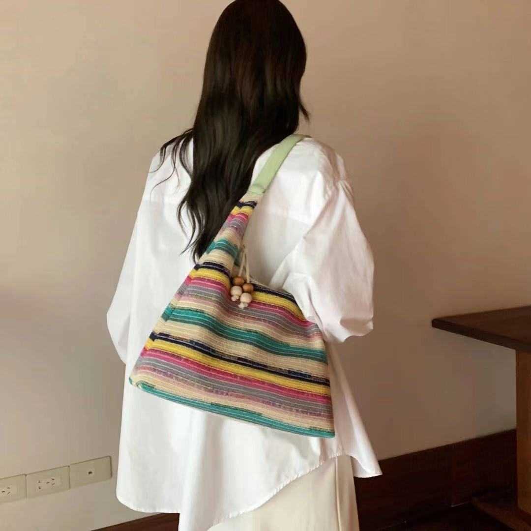Rainbow Patterned Tote Bag for Women New Beach Woven Large Capacity Shoulder Bag Lazy Beach Bag Trend