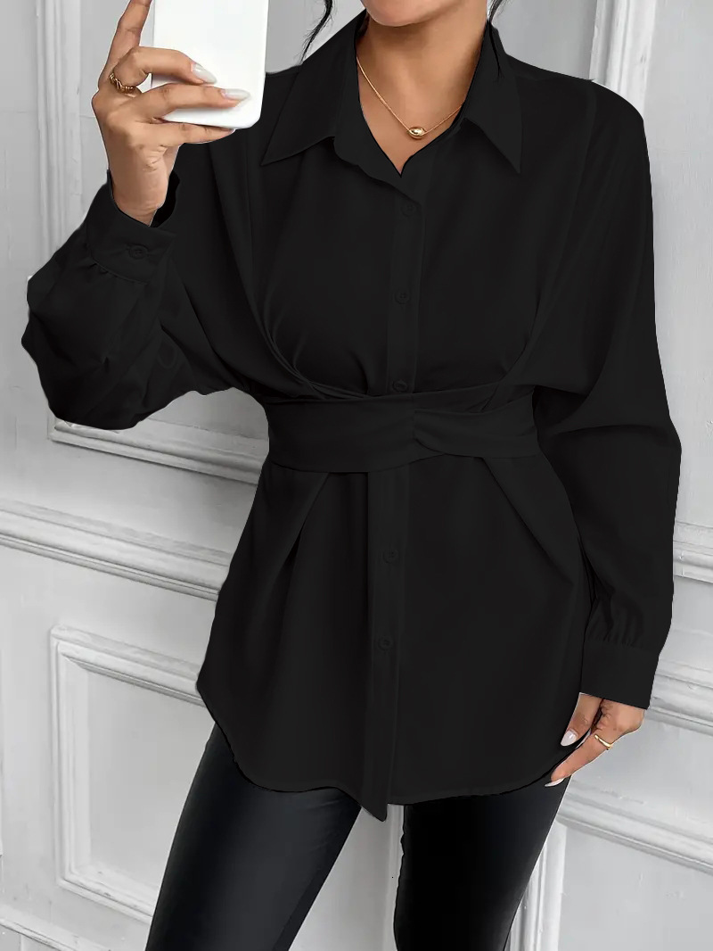 2024 autumn lapel tie bow tie waist slimming shirt womens clothing