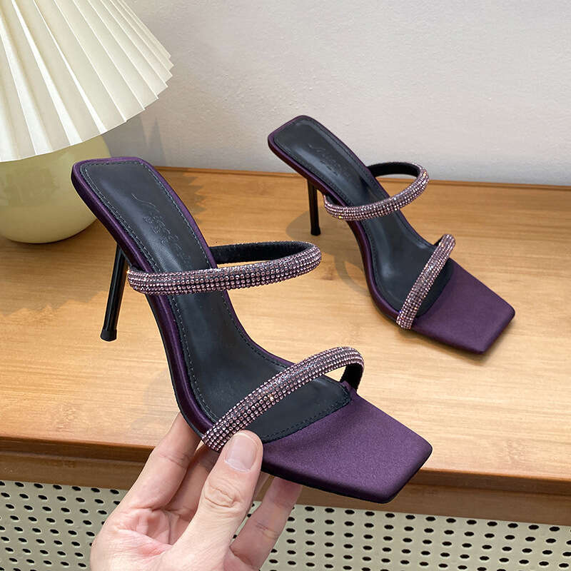 Woman Sandals Thin High Heels Slippers Women S Purple Color Summer Sexy And Versatile Wearing Rhinestones Exposed Toes Straight Strap Square Head Cool