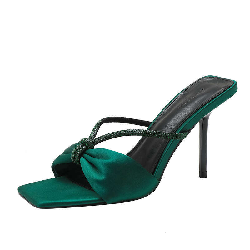 Woman Sandals Green Rhinestone Bow Straight Strap Women New Sexy Open Toed High Heeled Sandals For Wearing Half Slippers On The Outside