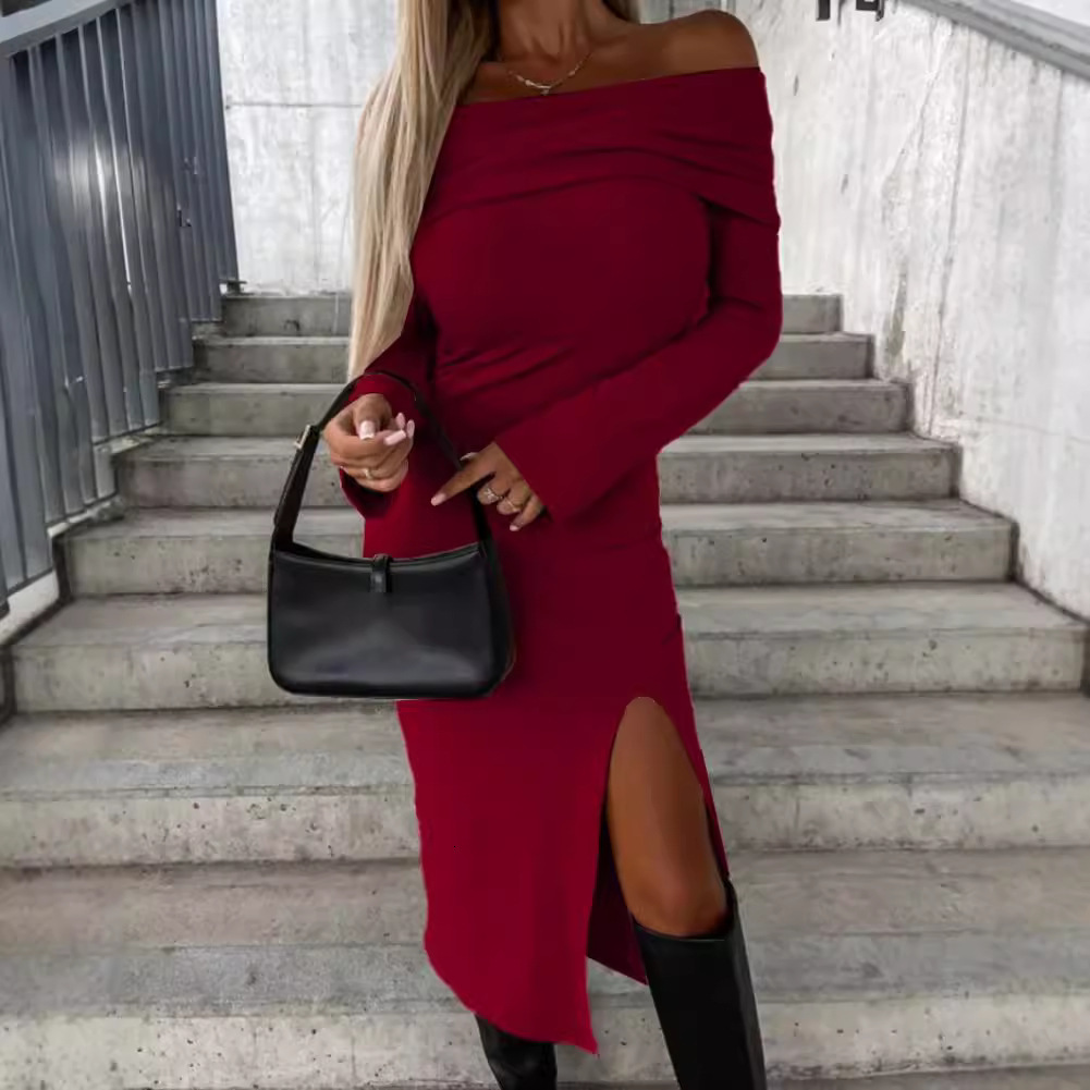 2023 Autumn/Winter New Long Sleeve Solid Color One Collar Split Dress for Women