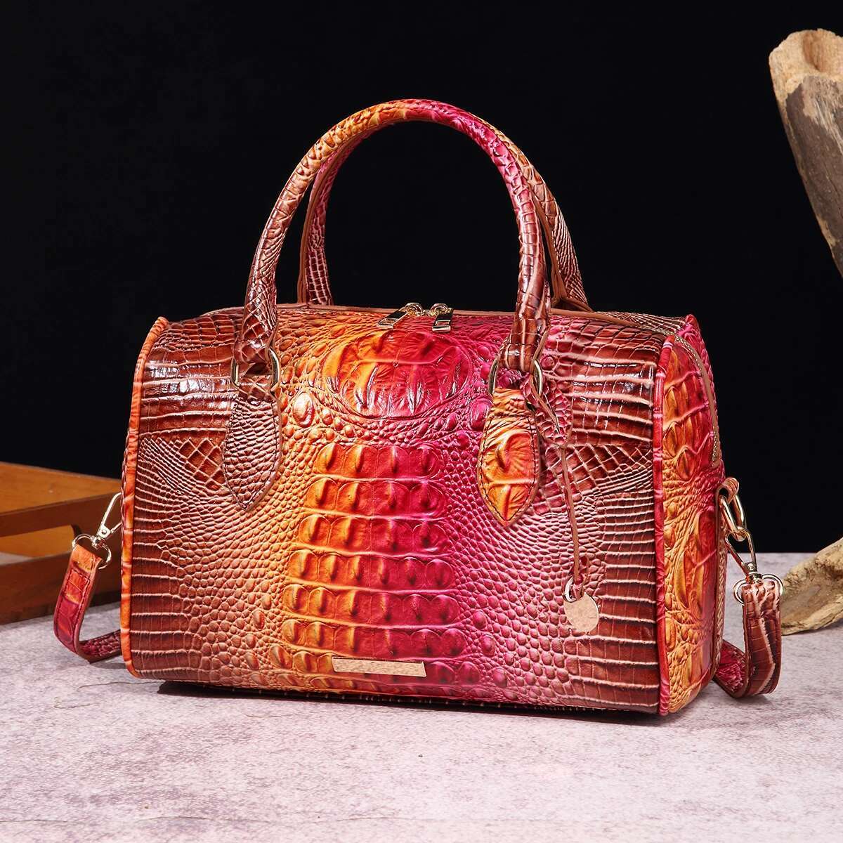 Ombre Crocodile Emed Boston Handbag Classic Style Crossbody Bag Women's Leather Satchel Purse