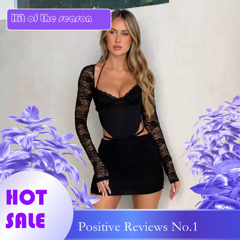 Dongdumaoyi Townlike Lace Patchwork Slim Bodycon Pleated Dress Women Mini Autumn Winter Hollow Out Backless Sexy Party Dresses