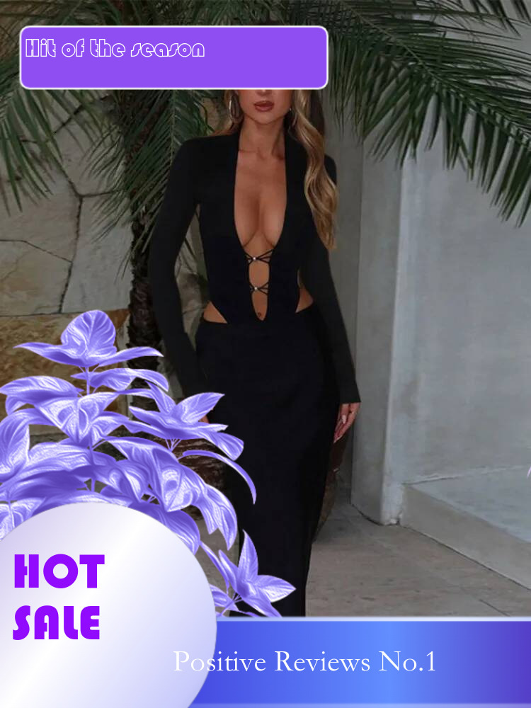 Dongdumaoyi Townlike Hollow Out Slim Bodycon Dress Women Autumn Winter Maxi Long Deep V Neck Nightclub Sexy Party Dresses