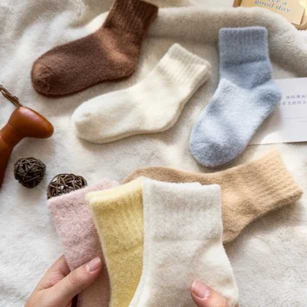 4 Pairs Winter Autumn Color Solid Thick Warm Brushed Kids Girls Half Socks Comfortable Cozy Sweet Cute Soft Sock for Children G251124
