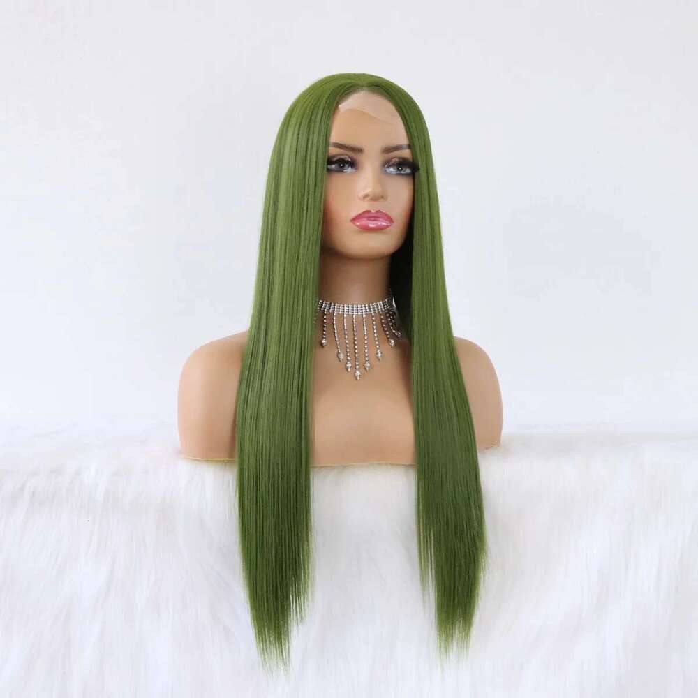 Olive Long Straight Hair For Women Matcha Green No Lace Front Wigs Heat Resistant Synthetic Wig 24 Inch