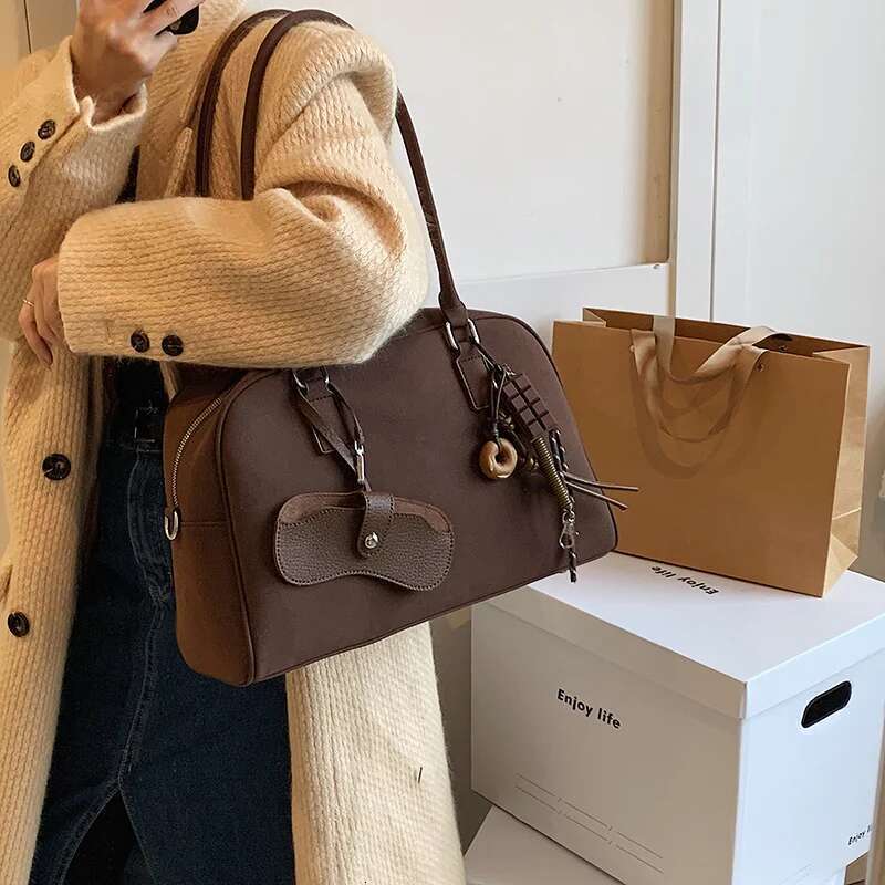 Big Size Women Bowling Bags Suede Pure Color Large Capacity Shoulder Crossbody Bag With Long Strap 2024 Designer Handbags
