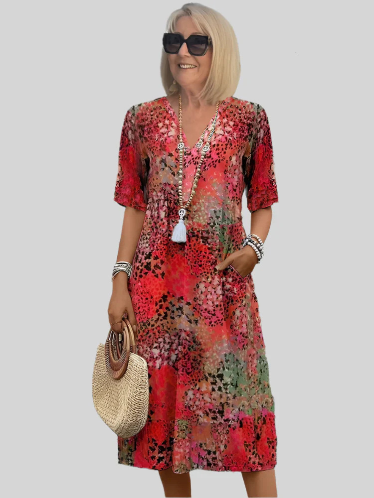 2025 Summer New Printed V-neck Leisure Vacation Pocket Dress for Women