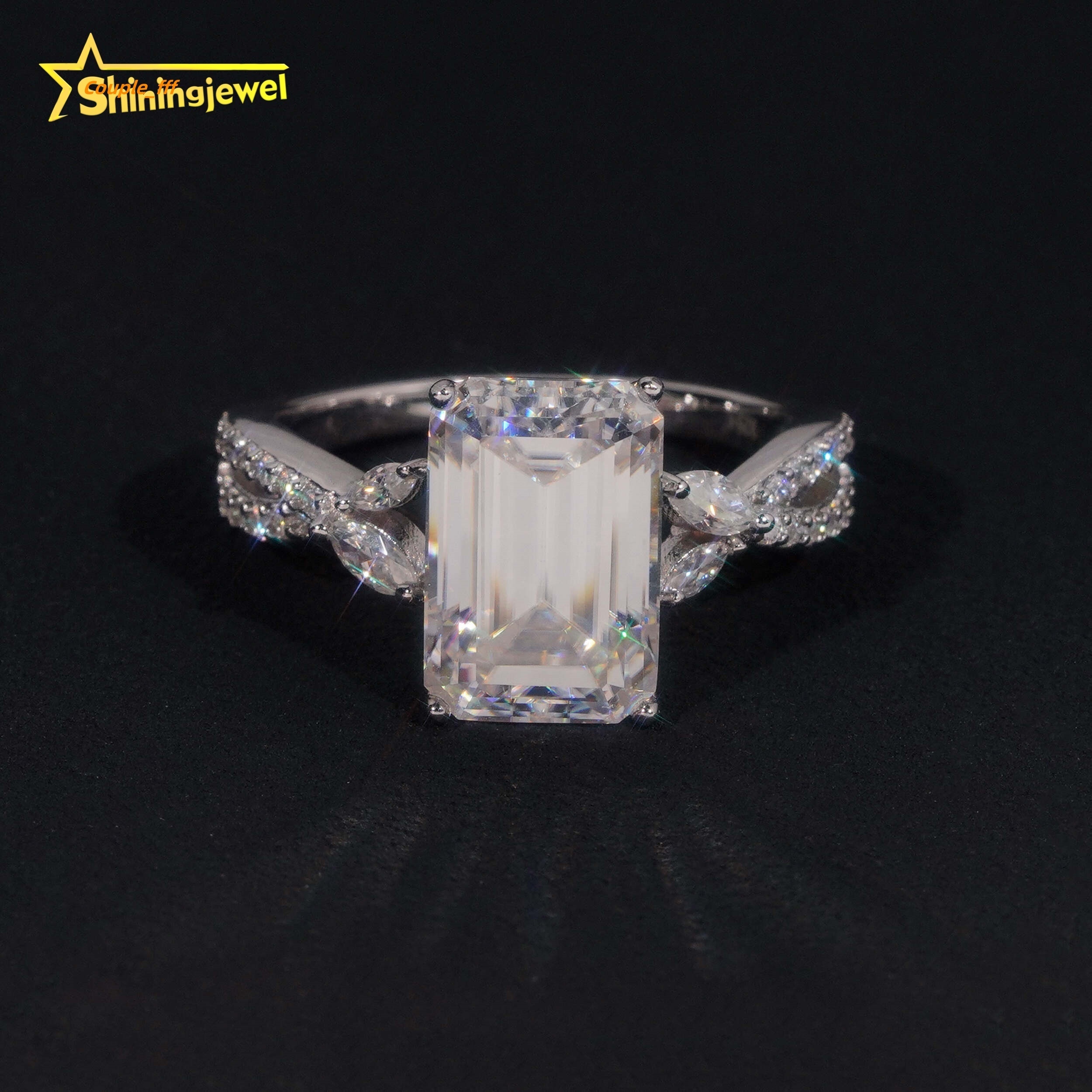 RTS Gold Plated Emerald Cut Wedding Ring Moissanite VVS Pass Diamond Test 925 Sliver Engagement Rings for Women