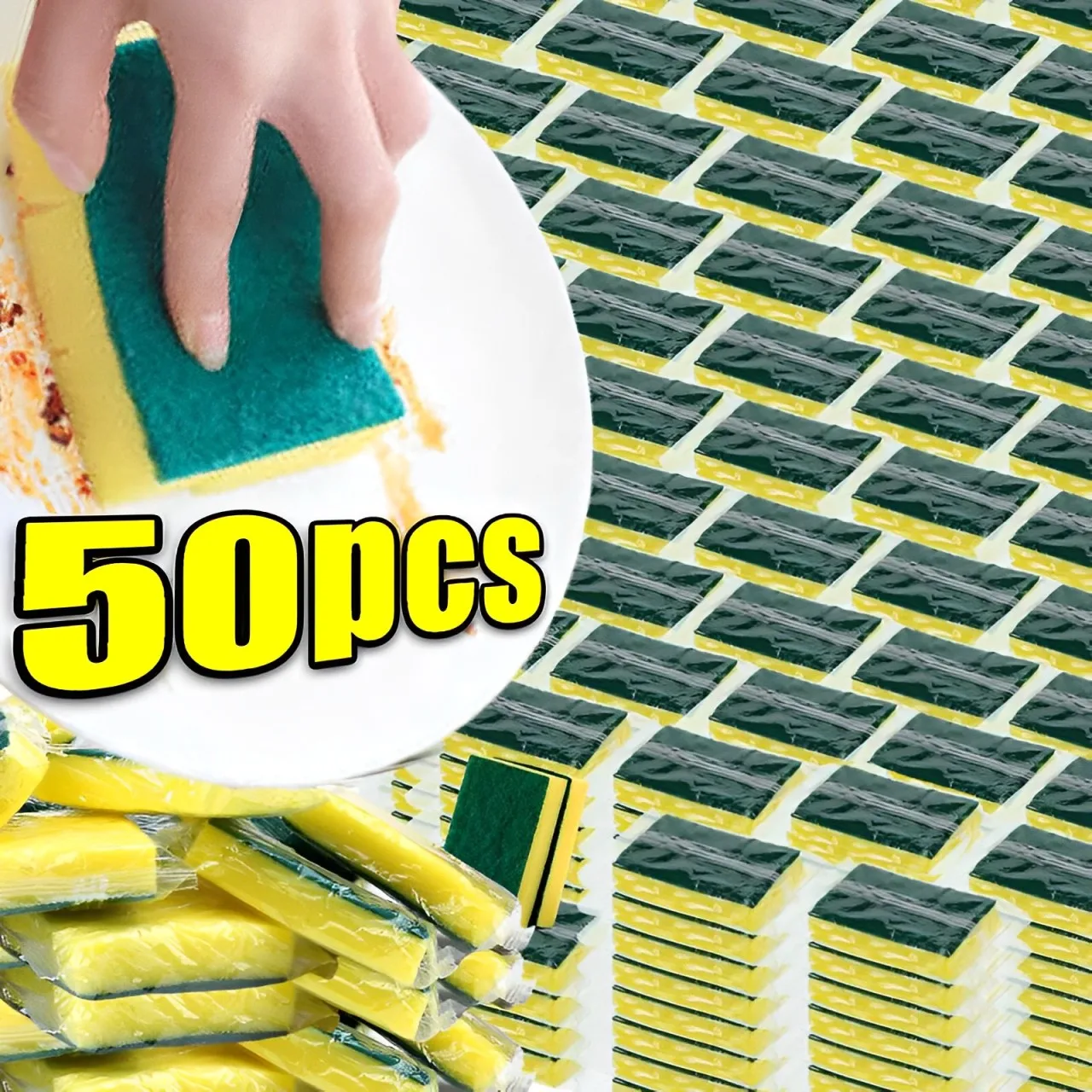 50PCS/set Kitchen Dishwashing Sponge Soft Absorbent Clean Rub Pot Rust Scouring Pad Removing Kits Household Cleaning Brush Sponge