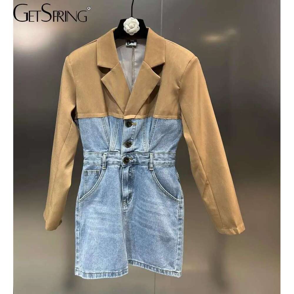 Getspring Women Notched Collar Denim Ed Single Breasted Long Sleeve Suit Dress Fashion Ladies Mini Dresses Autumn