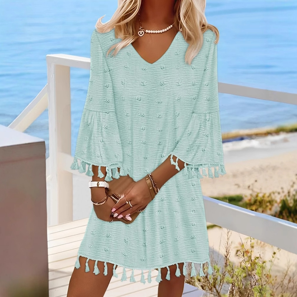 2025 New Spring and Summer Solid Color Simple V-neck Mid Sleeve Loose Tassel Dress for Women