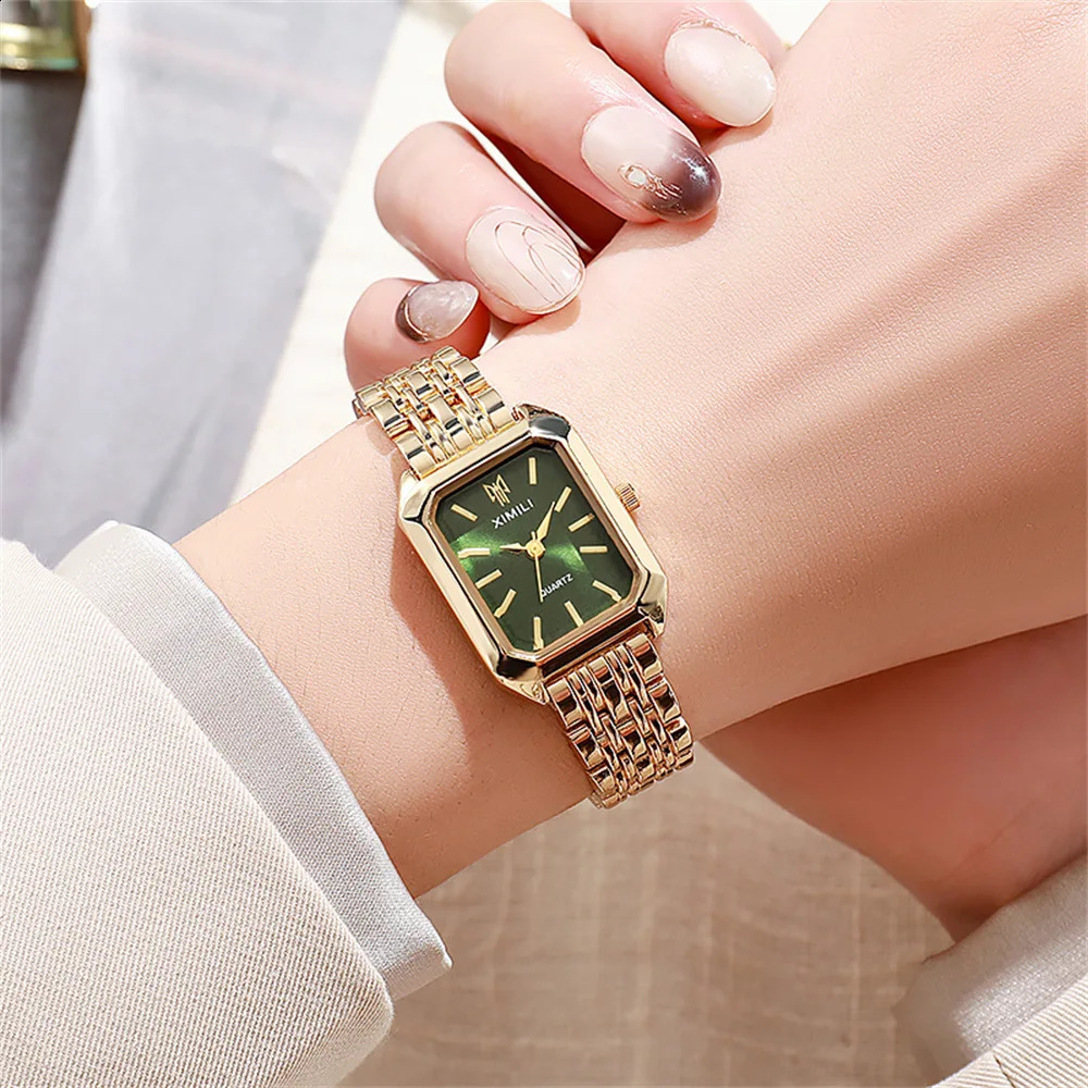 Womens Fashion Square Watch Gold Alloy Strap 2025 Quartz High Quality Roman Scale 250417