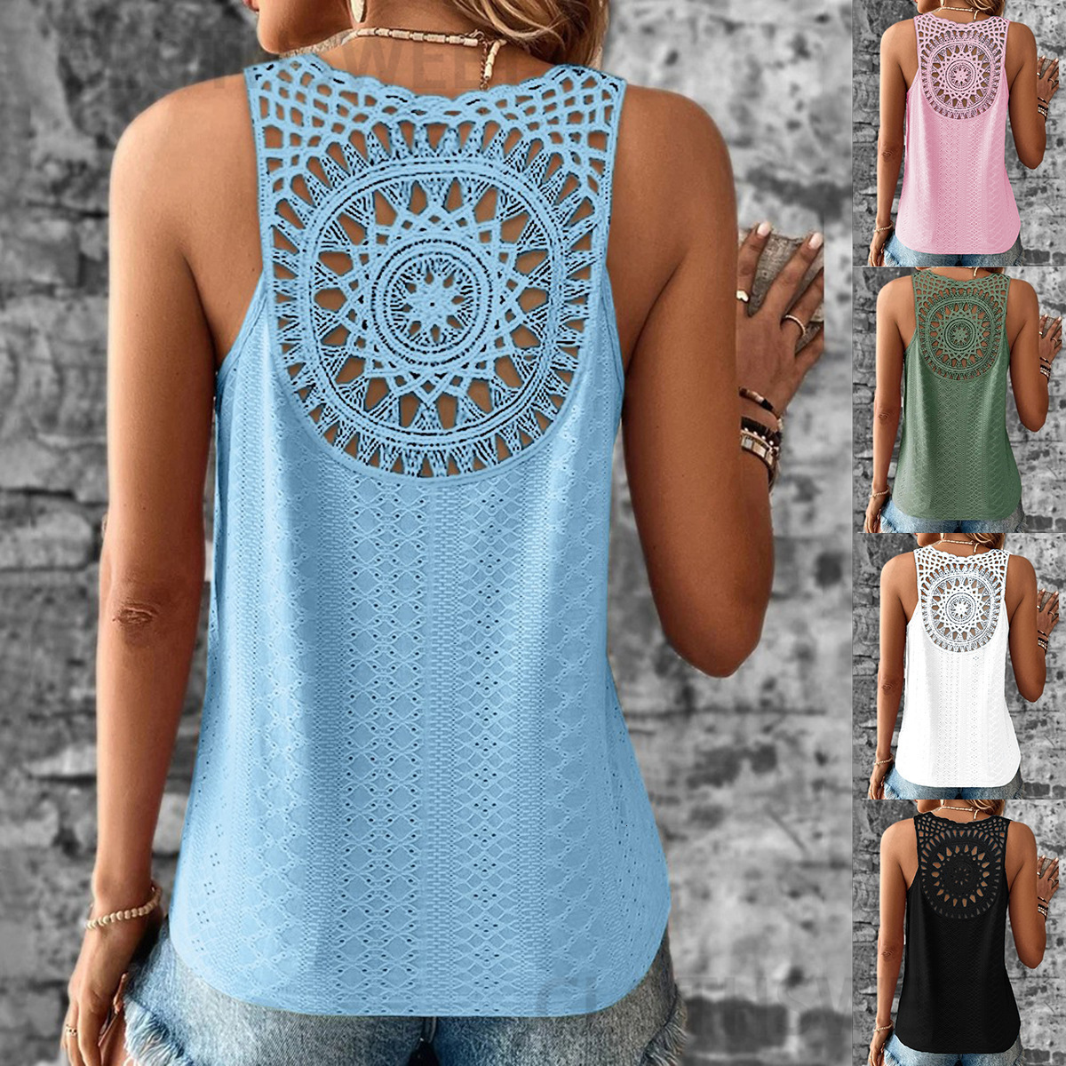 2024 New Summer Back Hollow Lace Solid Color V-neck Tank Top for Women