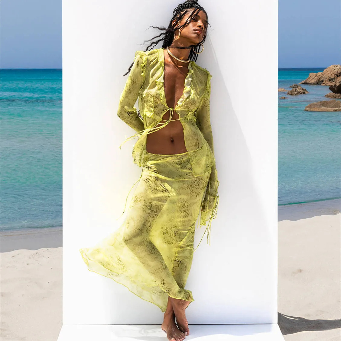 Hirigin Chic Women 2-piece long ski set sexy floral crop Cami top low waist body pleated long skirt summer beachwear 250422