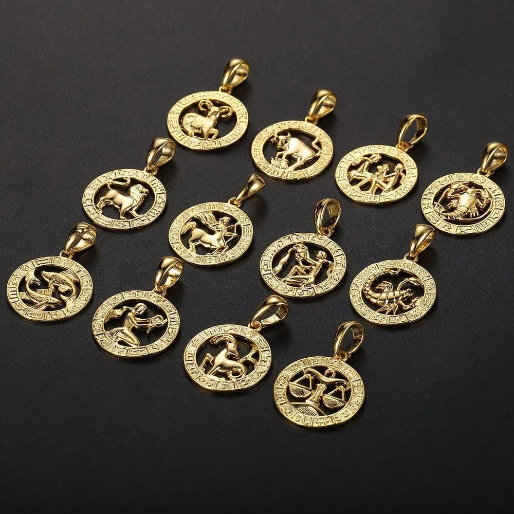 1PC Stainless Steel Vintage Zodiac Necklace For Men Women Gold Color 12 Constellation Horoscope Pendant with Box Chain Gift