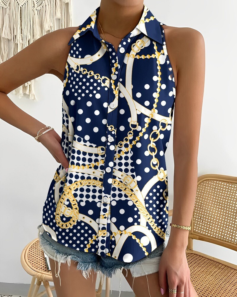 2023 Summer Casual Fashion Off Shoulder Sleeveless Abstract Printed Womens Shirt