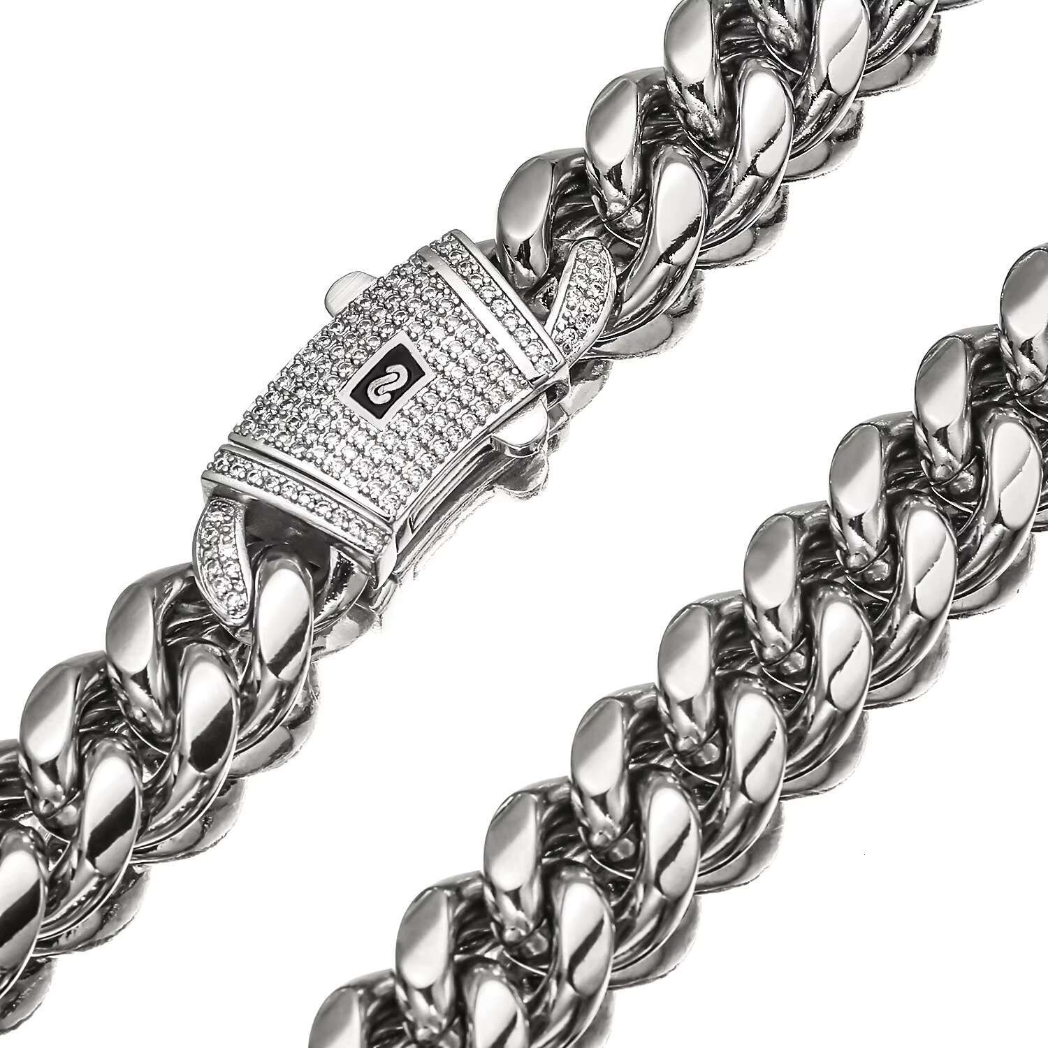 Hip Hop Miami Silver Jewelry for Men Stainless Steel Iced Clasp Link Chain-Cuban Cadena Cubana for Gift Zircon Pearl Main Stones