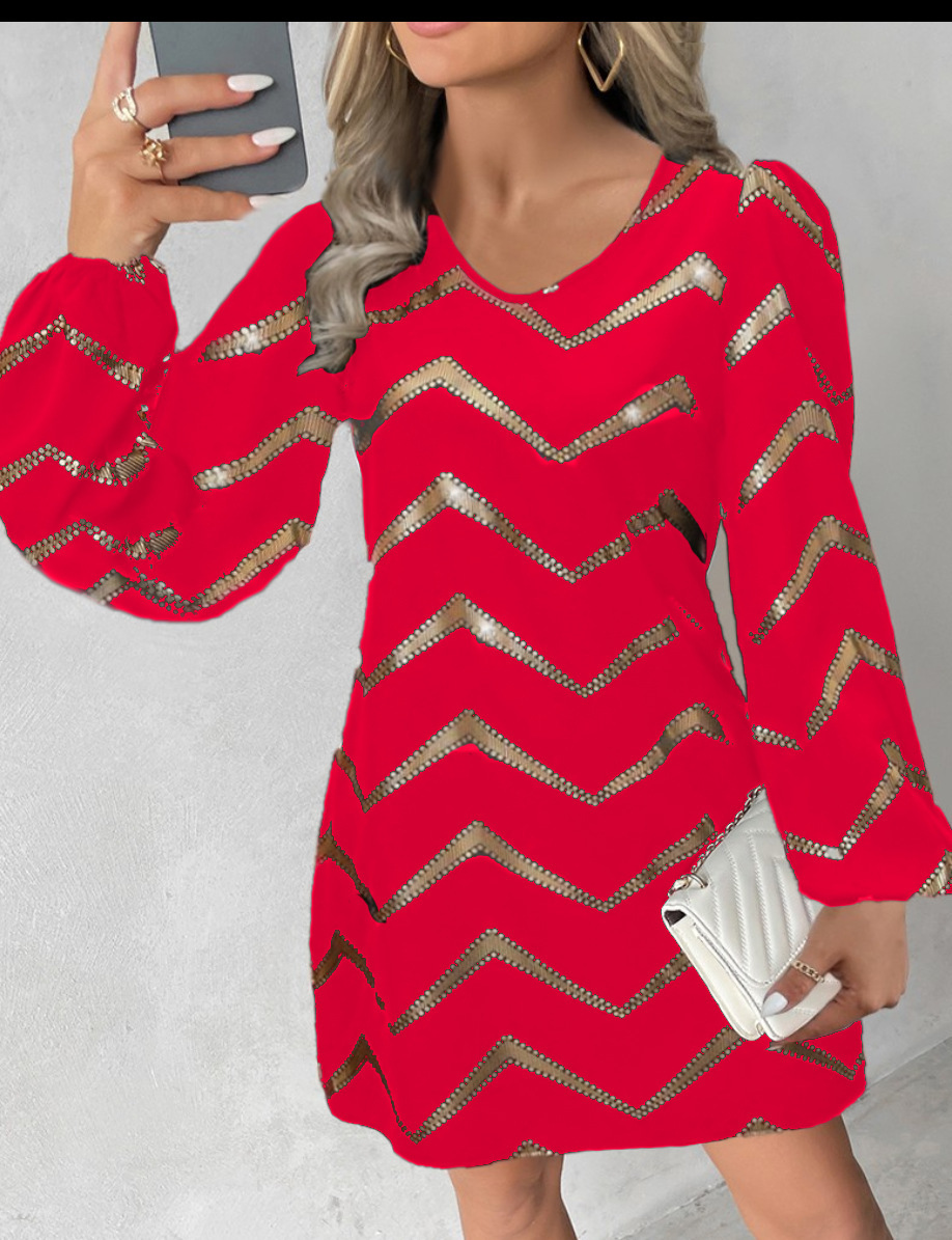 2023 autumn and winter long sleeved fashionable printed U-neck bubble sleeve dress for women