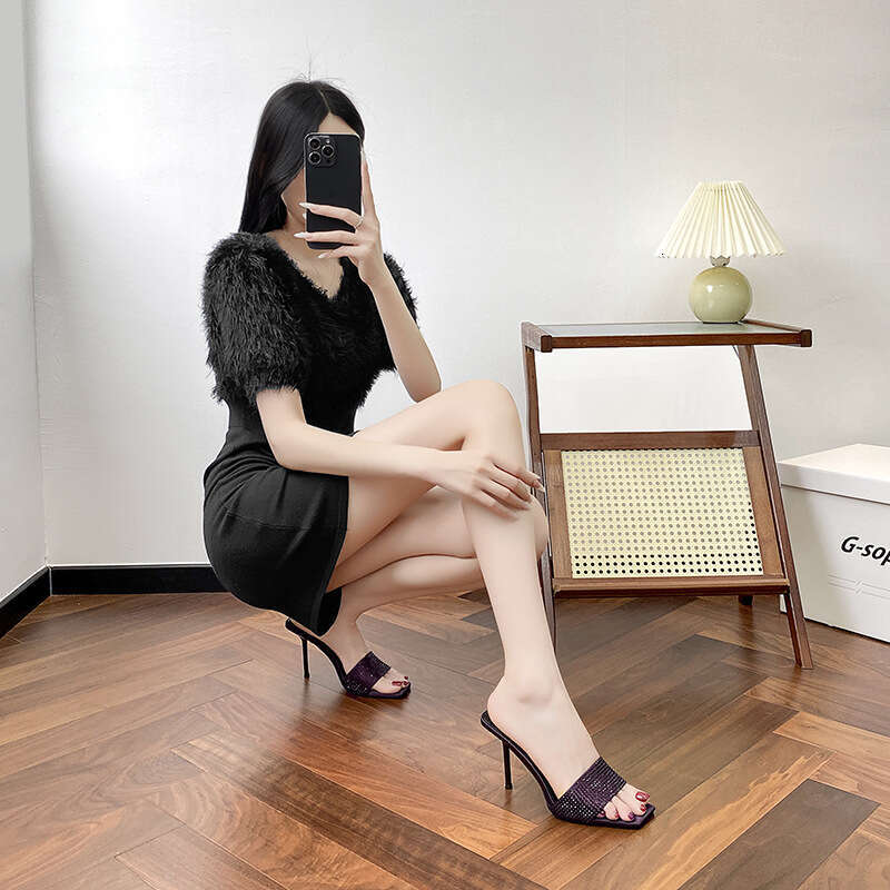 Woman Sandals Square Toed High Heeled Slippers For Women In Purple Summer Sexy Socialite Wearing Rhinestones Exposed Toes One Line Slim Heel Sandals W