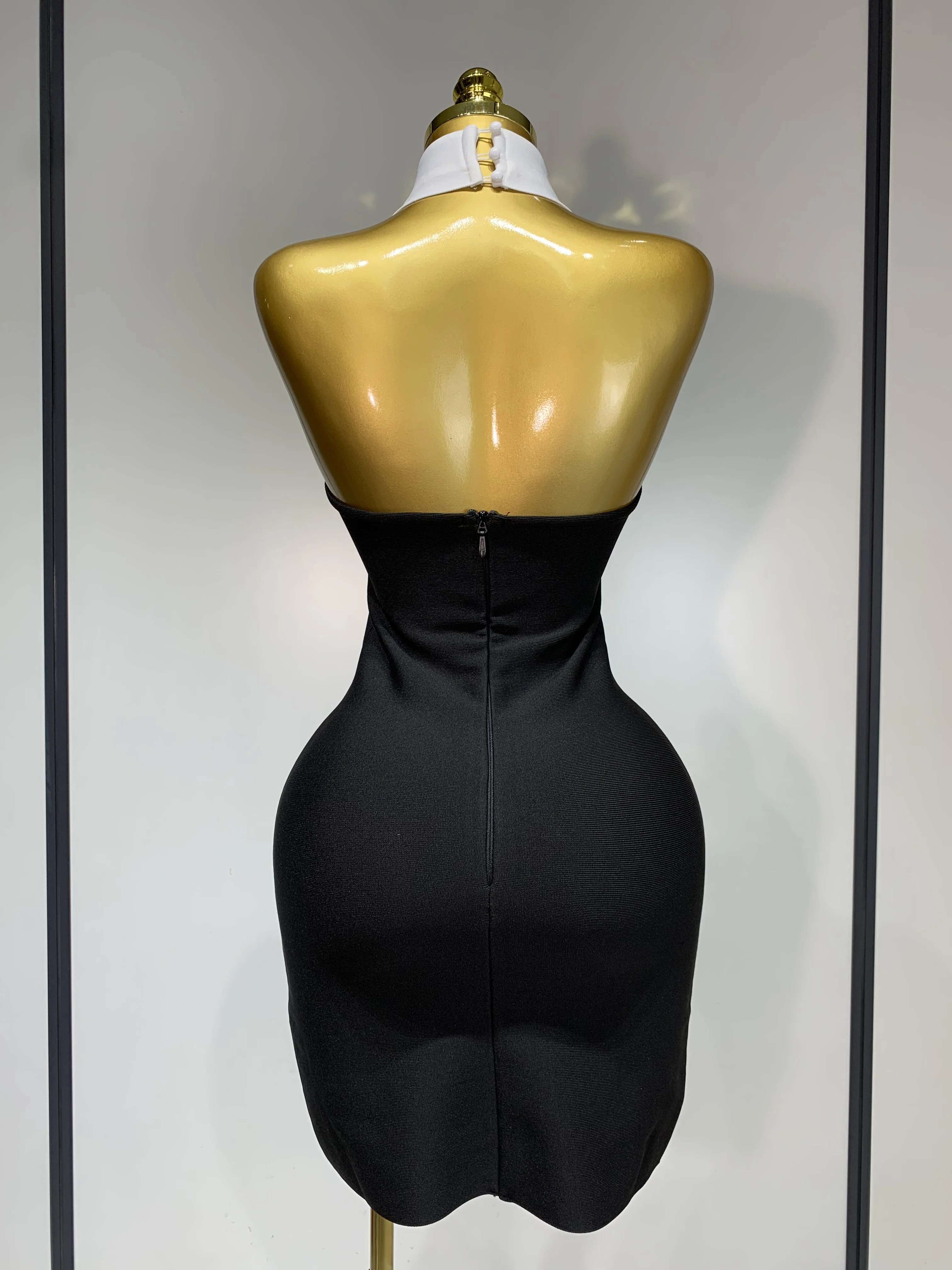 Women Sexy Backless White Shirt Collar Black Mini Bodycon Bandage Dress 2025 Elegant Evening Club Party Birthday Dresses