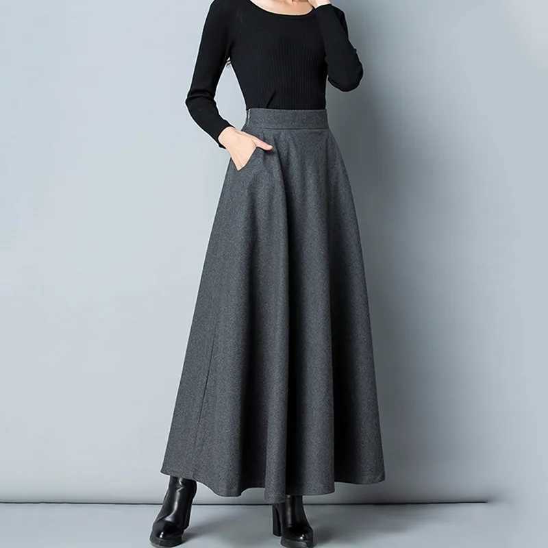 Womens Long Woolen Skirt Elegant High Waist Wool A Line Skirts Female Casual Thick Warm Pocket Maxi Skirts M250424