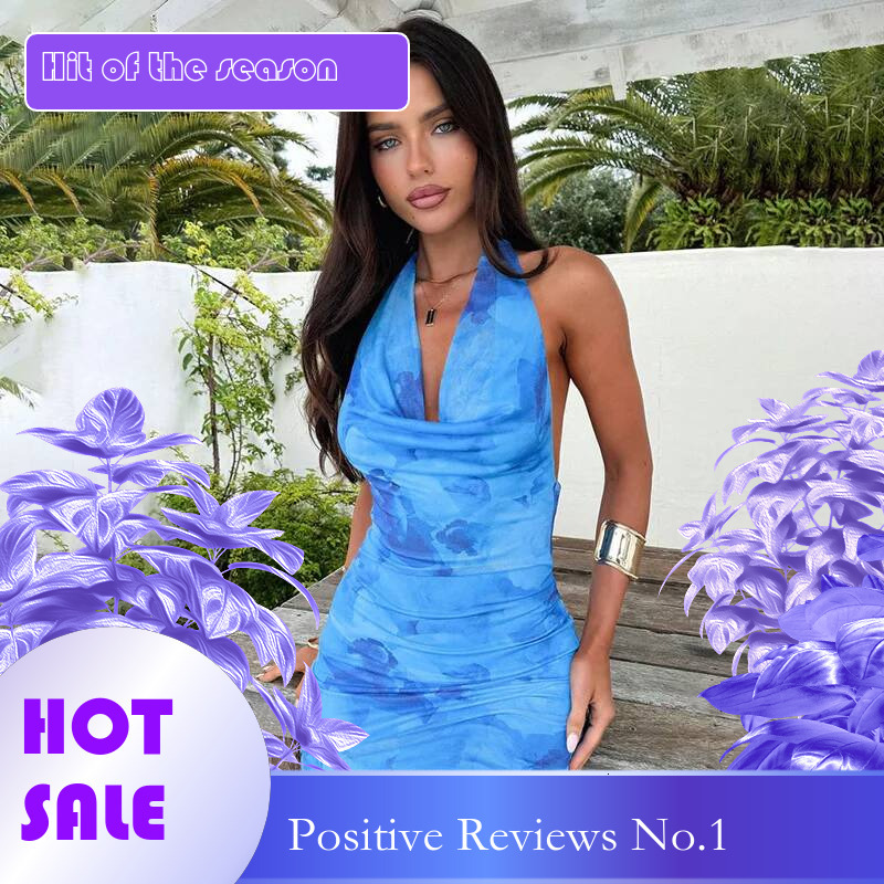 Dongdumaoyi Townlike Print Slim Bodycon Pleated Dress Women Halter Mini Spring Summer Backless Nightclub Sexy Party Dresses
