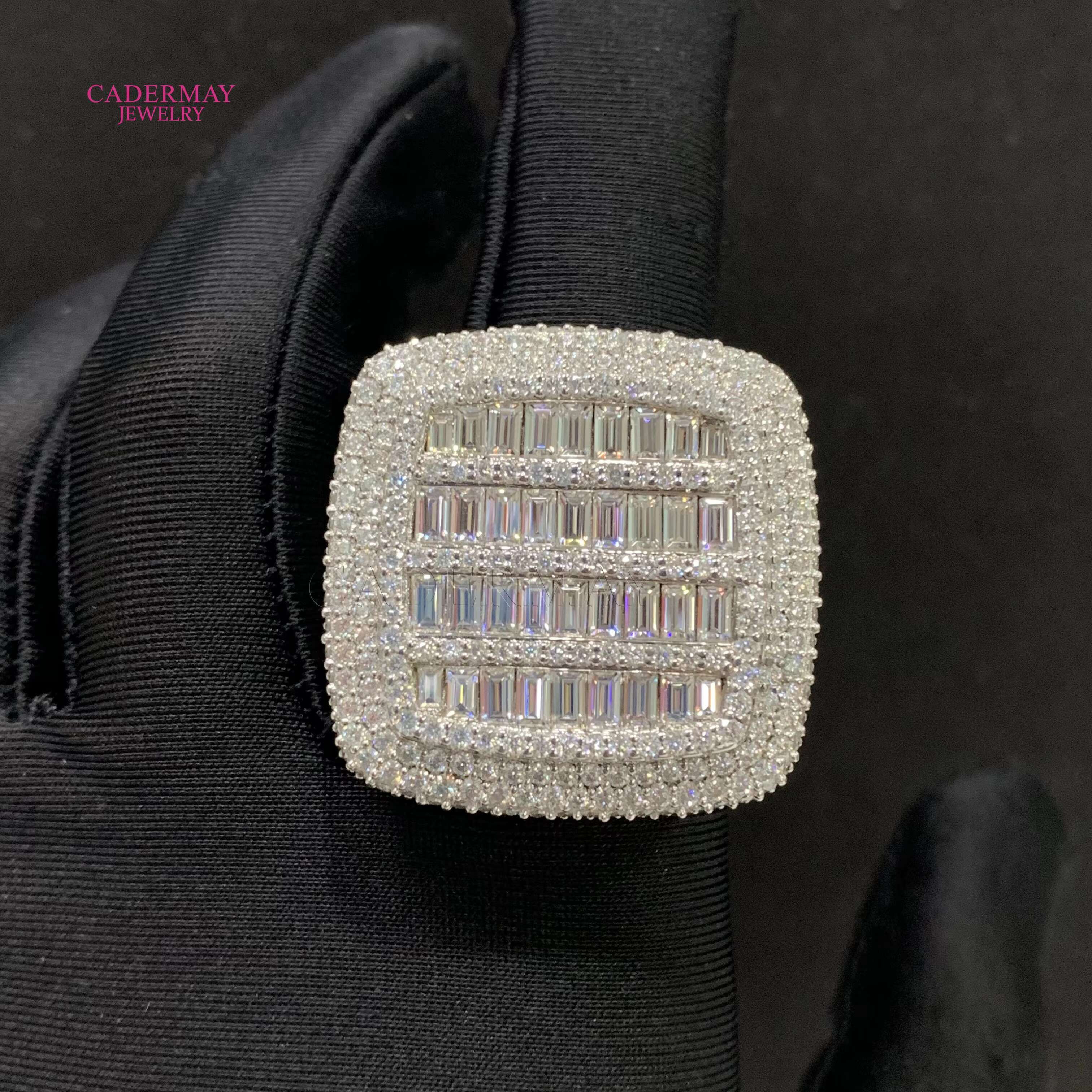 Cadermay Hiphop Men Fine Jewelry Iced Out 925 Sterling Silver Square Vvs Baguette Moissanite Diamond Ring With Gra Certificate