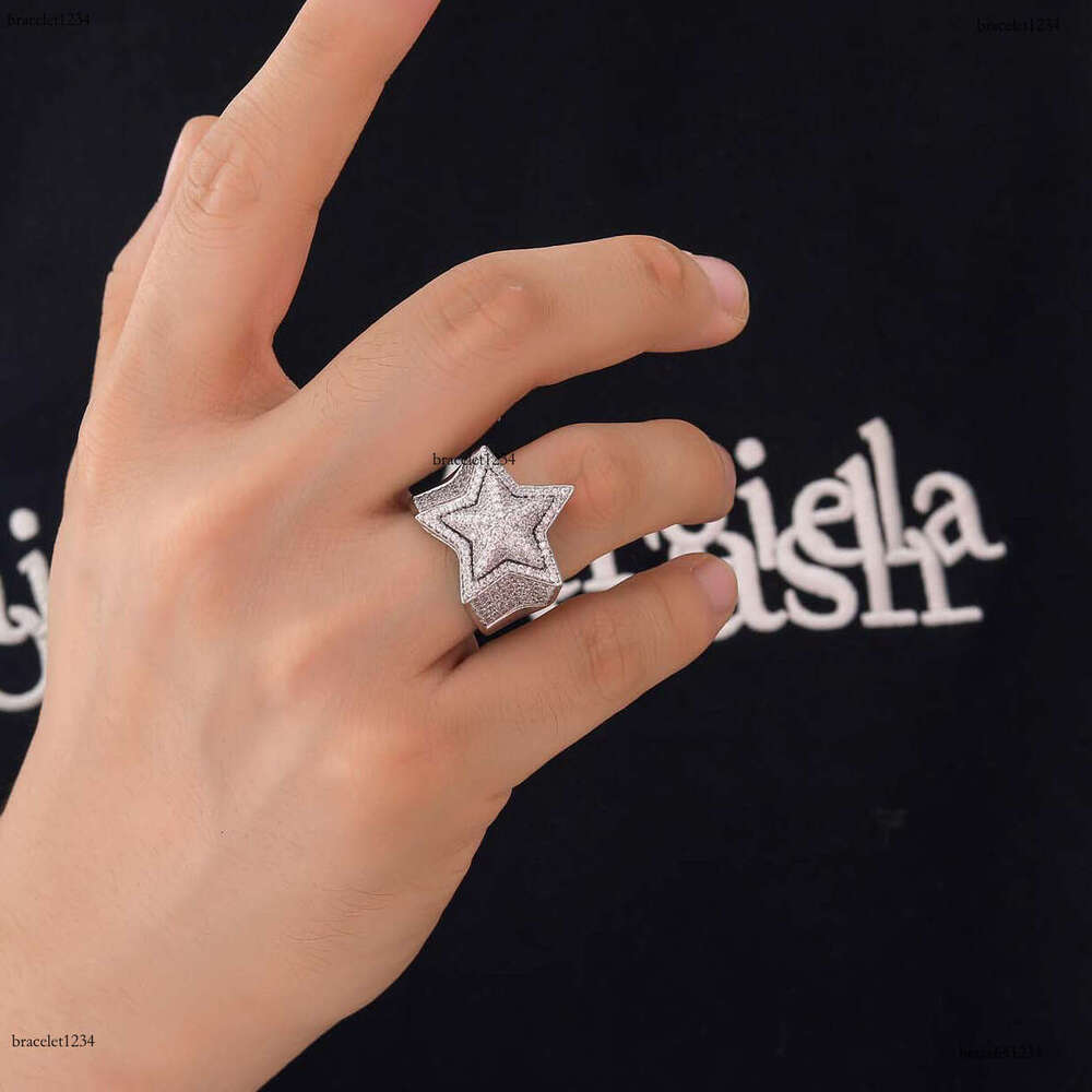 Luxury designer Hip Hop Ice out VVS Moissanite 3D five-point star double copper plated real gold Men women Hip hop rings