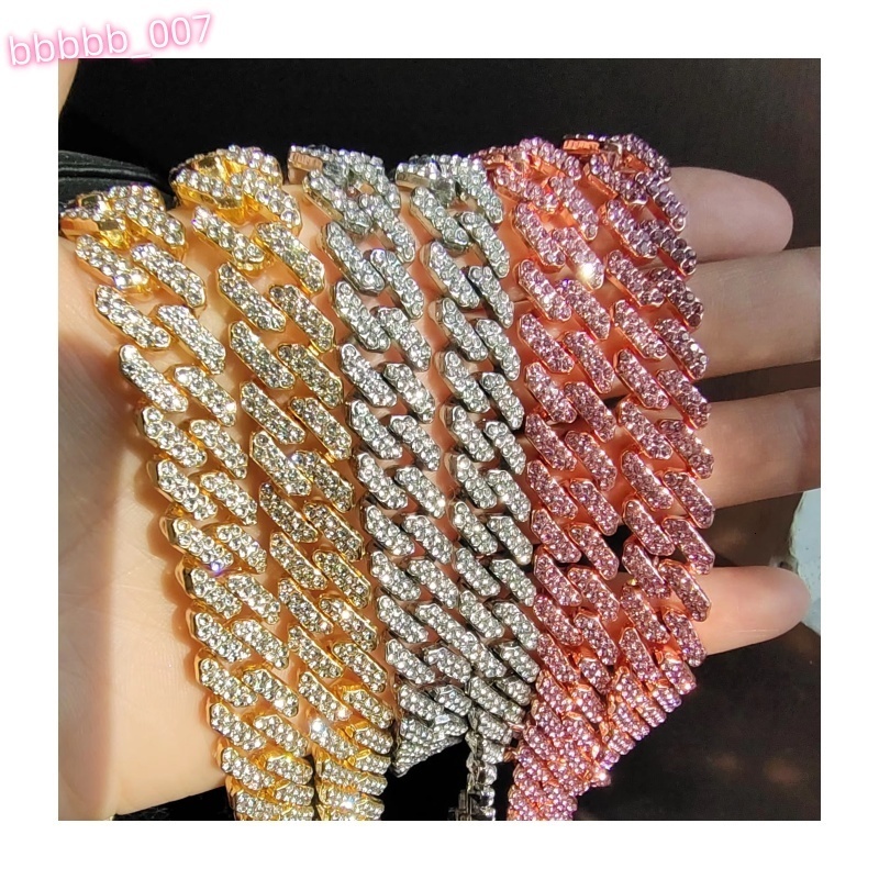 New Hiphop 12mm Pink Cuban Chain Gold Plated Iced Out Rhinestone Zinc Alloy Cuban Link Chain Necklace for Men Fashion Jewelry