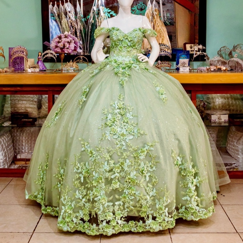 Sage Green Shiny Shiny Quinceanera Dresses Off Shoulder Ball Gown Sweet 16 Dress Applique Flower Beading Tull Corset Birthday Vestidos 15 De Anos