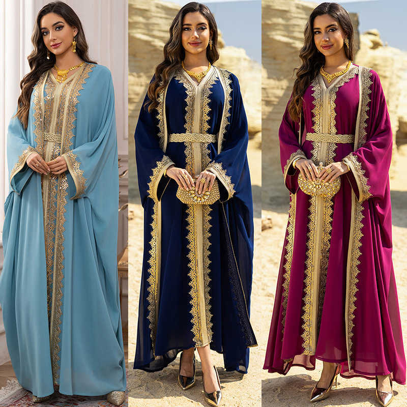 Lace trim woven belt splicing long robe two-piece set with waist belt chiffon dress L251124