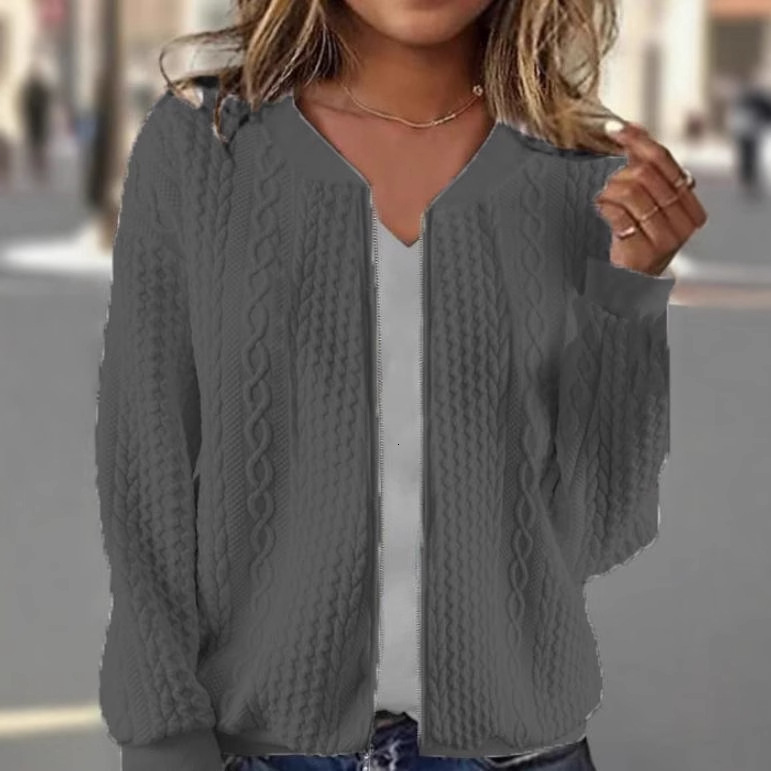 2024 autumn and winter new comfortable loose jacquard stand up collar zipper long sleeved sweatshirt jacket womens clothing