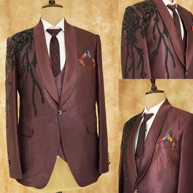 New Fashion Men Suits For Wedding Groom Tuxedos Appliques Lace Beading Jacket Prom Blazers Plus Size Formal Occasion Customized