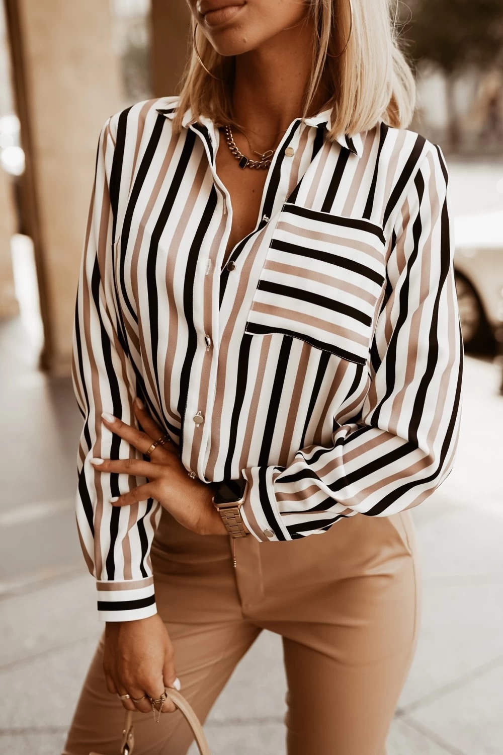 2024 autumn versatile simple striped printed V-neck shirt womens shirt