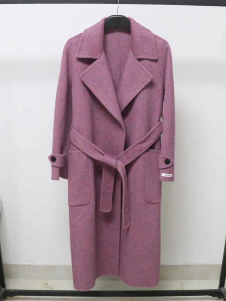 ZMEENNA Elegant Womens Gray Wool Blend Long Coat With Classic Lapel Collar Belted Waist And Front Pockets Warm ZM3880 J251124