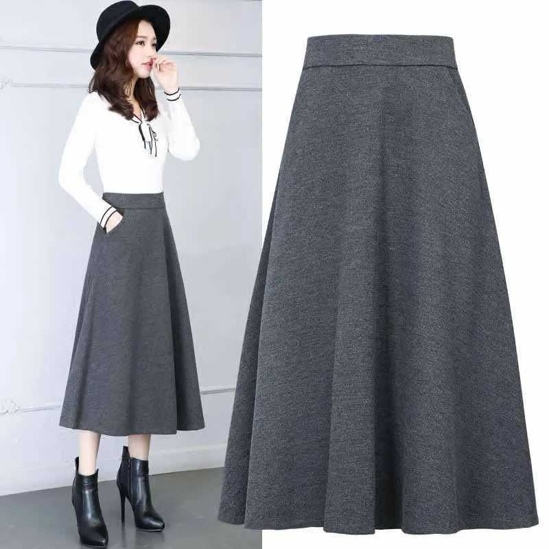 Womens Long Woolen Skirt Elegant High Waist Wool A Line Skirts Female Casual Thick Warm Pocket Maxi Skirts M250424
