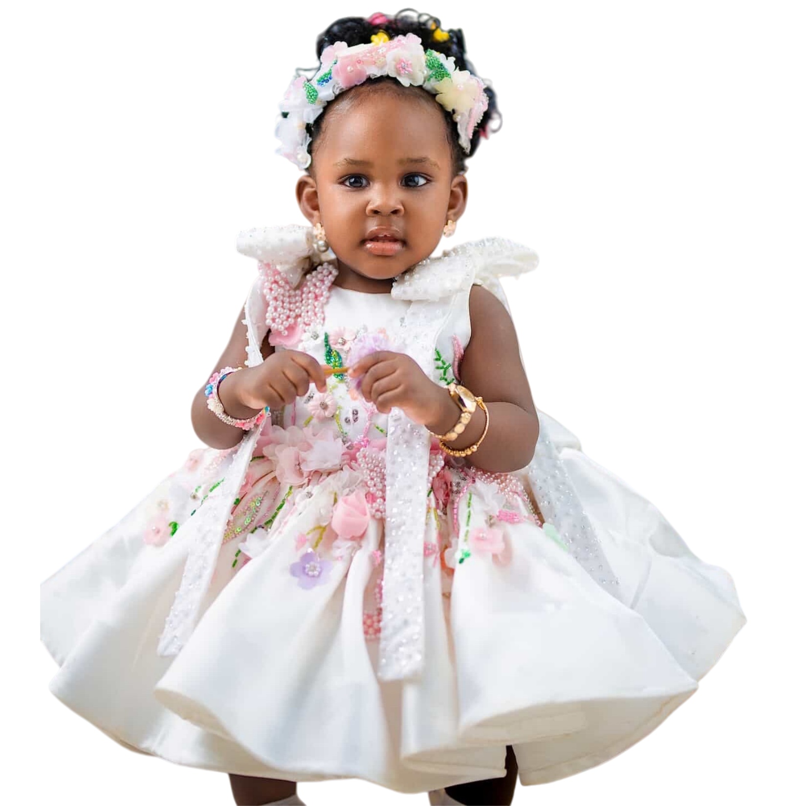 2026 White Ball Gown Flower Girl Dresses Tea Length Flowers Pearls Satin Little Girl Christmas Peageant Birthday Christening Tutu Dress Gowns ZJ427