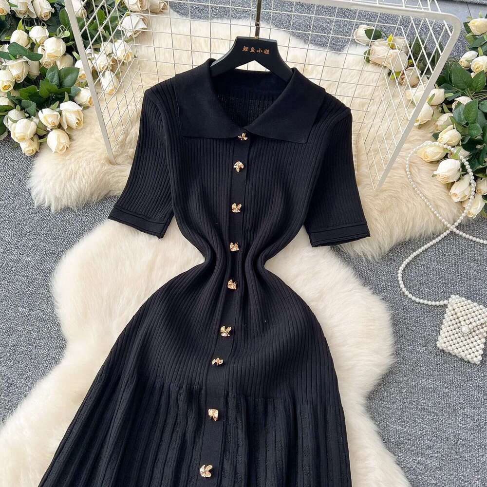 Designer Clothes Yuoomuoo Chic Fashion Elegant Patchwork Knitted Maxi 2025 Summer Lady Turn-Down Collar Shirt Sweater Dress Party Vestidos