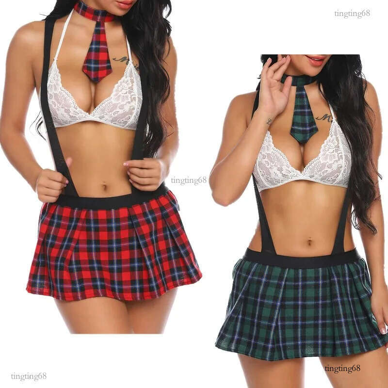 Sexy School Girl Uniform Costumes Lace Bra and Suspender Plaid Pleated Skirt Neck Ties Lingerie Costume Set Women Cosplay Clubwear Black White Multico
