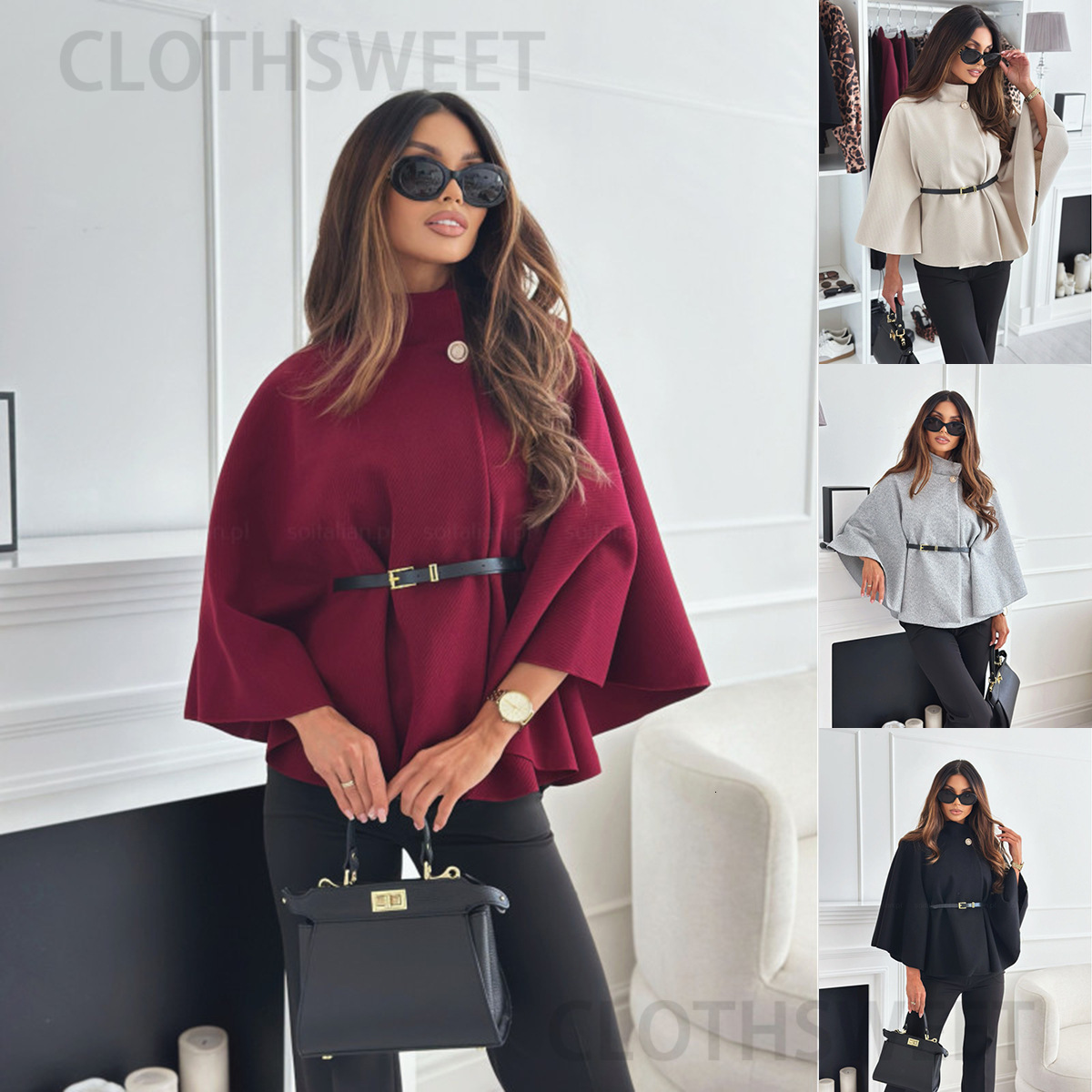 2024 New Winter Fashion Solid Color Waist Strap Woolen Cloak Coat Womens Wear