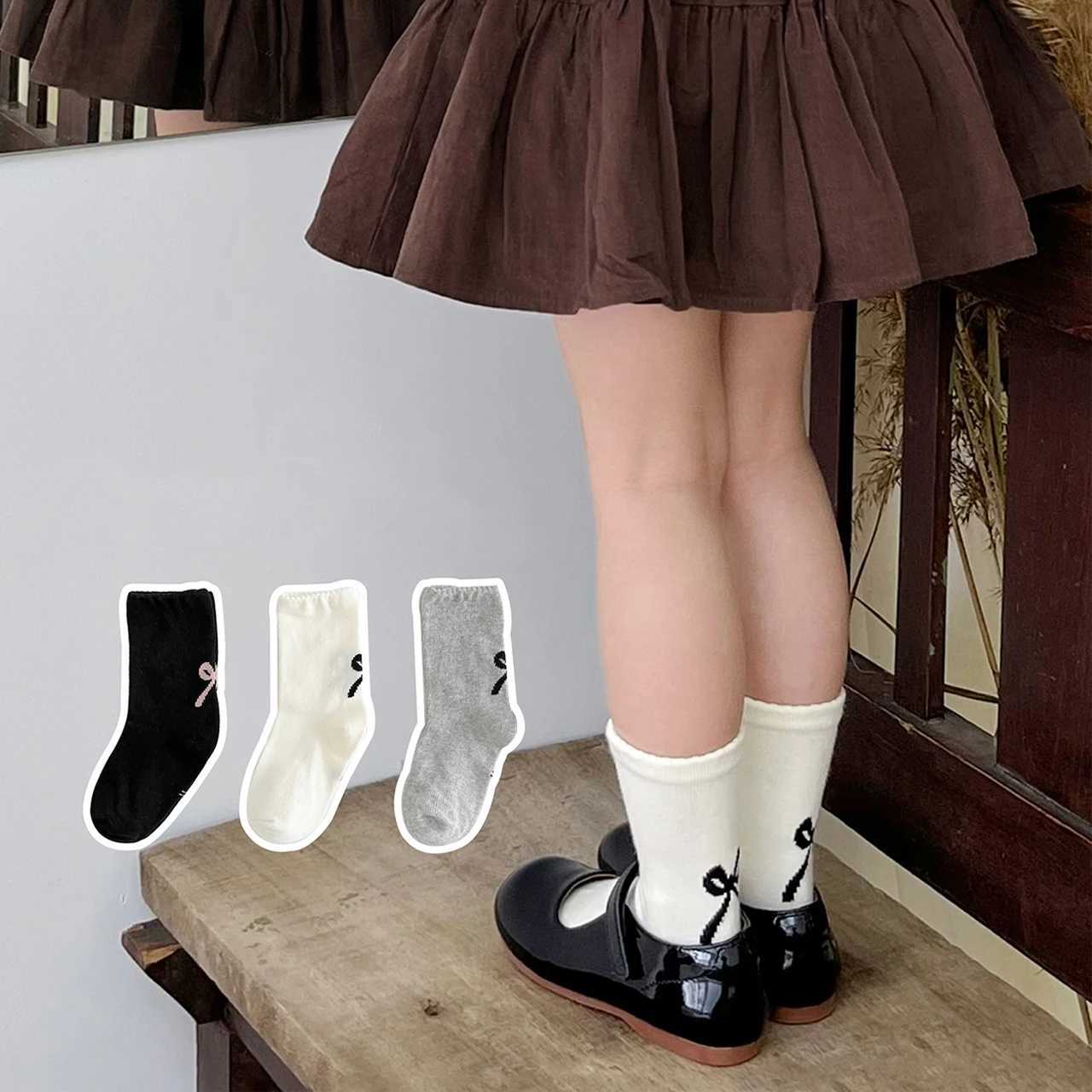 3 Pairs Autumn Winter New Socks for Girl Korean Cute Bow Middle Tube Socks Solid Color Cotton Warm Kids Socks 1-8 Years G251124
