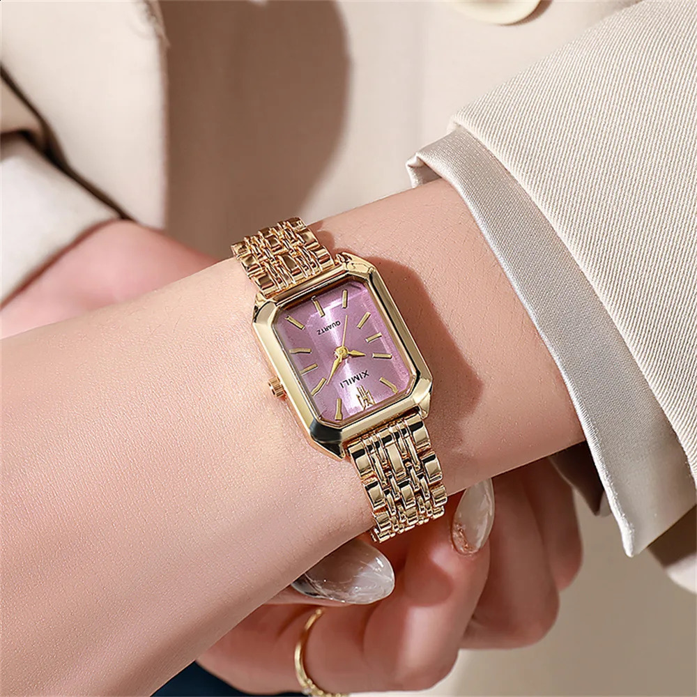 Womens Fashion Square Watch Gold Alloy Strap 2025 Quartz High Quality Roman Scale 250417